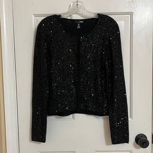 Black sequin cardigan. Hook and eye closure. Round collar. Cashmere. Sz medium